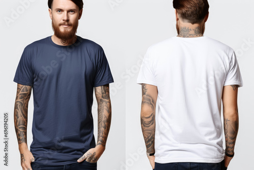 Mockup of a front and back views of young man in a white and blue t-shirt on a white background
