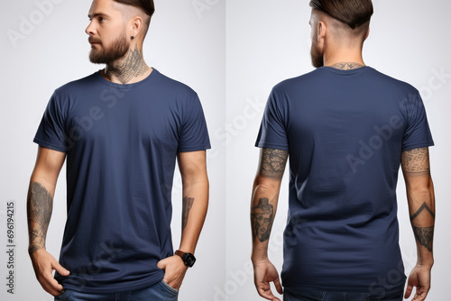 Mockup of a front and back views of young man in a blue t-shirt on a white background photo