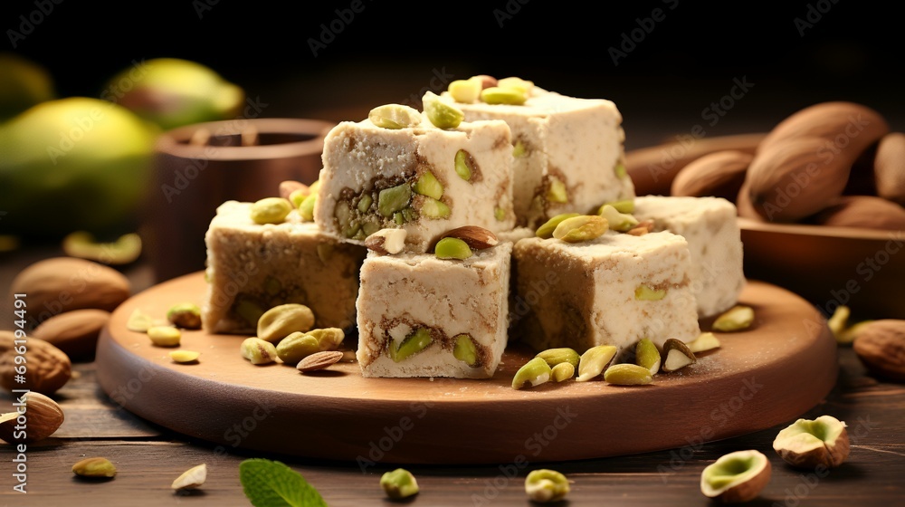 Delicious halva with pistachios and lime on wooden table