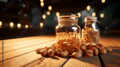 Various nuts in a bowl on a wooden table. Nuts background.