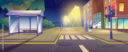 City street intersection with sidewalk, public bus stop, traffic lights and zebra cross under streetlights at night. Cartoon dusk empty town landscape with houses, road with crosswalk and pedestrian.