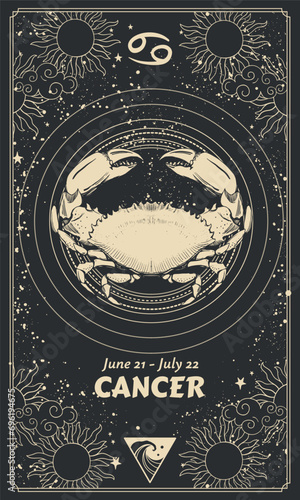 Zodiac sign Cancer, modern astrology card with symbols, mystical starry black background. Realistic vector drawing of a hand, horoscope card.