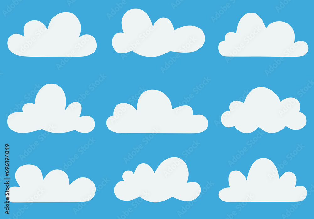 Set of flat white clouds design isolated on blue background Set of flat white clouds design isolated on blue background