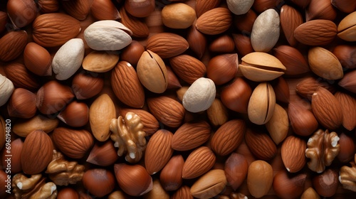 Background of mixed nuts. Nuts mix background. Top view.