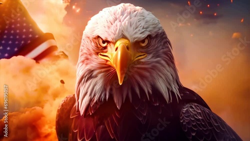 Close up of American Bald Eagle against animated background of American waving flag. photo