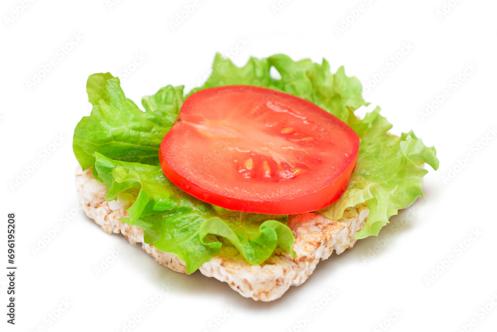 Rice Cake Sandwich with Tomato and Lettuce - Isolated on White. Easy Breakfast. Diet Food. Quick and Healthy Sandwiches. Crispbread with Tasty Filling. Healthy Dietary Snack - Isolation Rice Cake Sandwich with Tomato and Lettuce - Isolated on White. Easy Breakfast. Diet Food. Quick and Healthy Sandwiches. Crispbread with Tasty Filling. Healthy Dietary Snack - Isolation