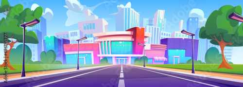 Big city with modern skyscrapers and highway perspective. Vector cartoon illustration of town with street lights and lawn along road, high-rise office and housing buildings, blue sky with white clouds