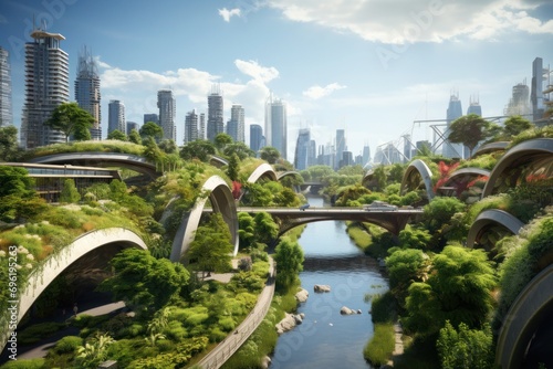Eco-friendly city with lush greenery on arched buildings, clean river, and modern skyline in the background.