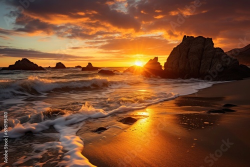 The sun sets behind rock formations on a beach, its light casting a fiery glow on clouds and waves