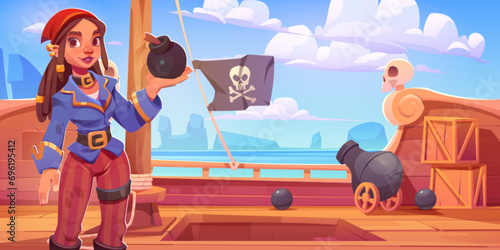 Female pirate character with bomb in hand on board of wooden ship. Vector cartoon illustration of pretty woman in corsair costume, black flag with jolly roger sign, rocky stones in blue sea water