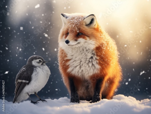 A fox and a bird standing in the snow. Generative AI.