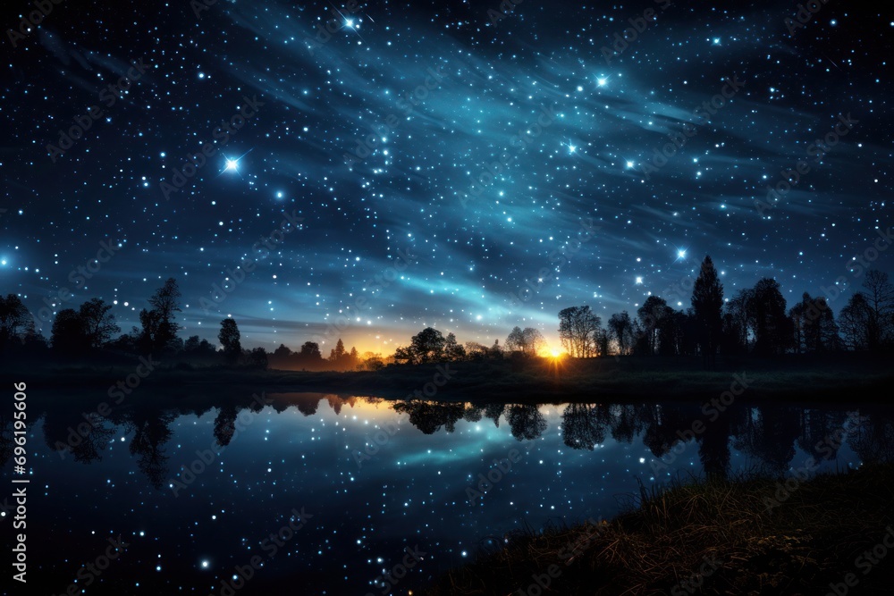 Mesmerizing night sky with a dazzling array of stars reflected in a tranquil body of water. Mesmerizing night sky with a dazzling array of stars reflected in a tranquil body of water.