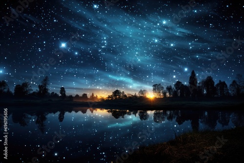 Mesmerizing night sky with a dazzling array of stars reflected in a tranquil body of water. © cheese78
