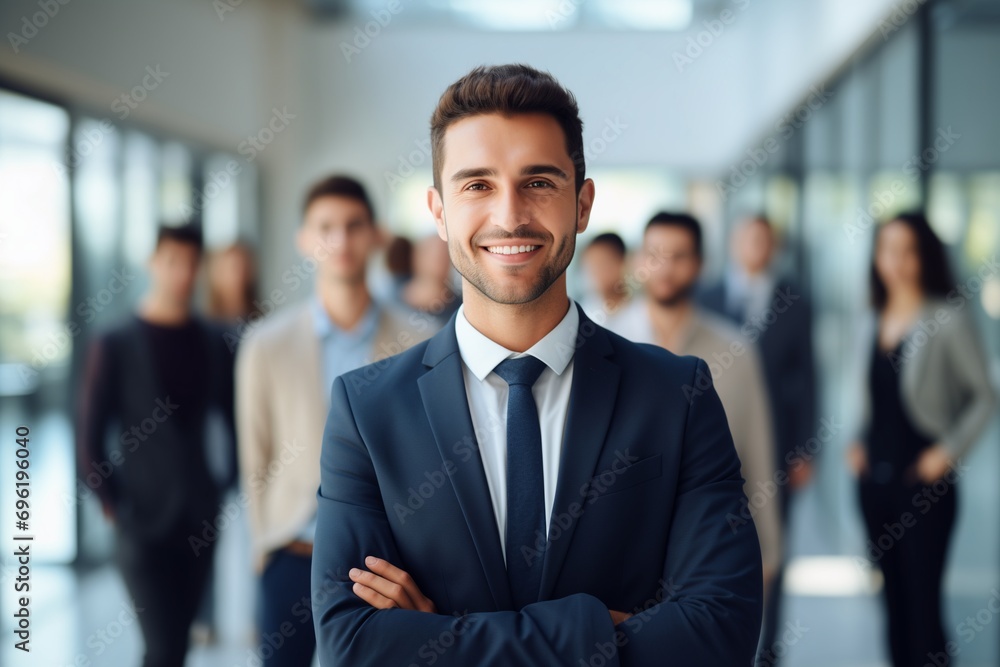  Office worker portrait of smiling handsome businessman boss in suit standing  