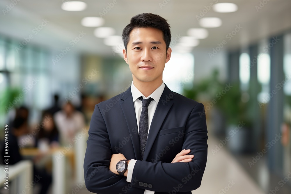  Office worker portrait of smiling handsome businessman boss in suit standing  