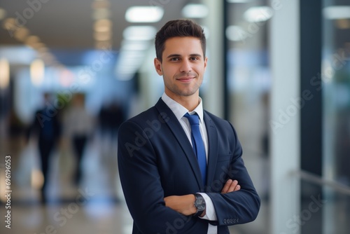  Office worker portrait of smiling handsome businessman boss in suit standing 
