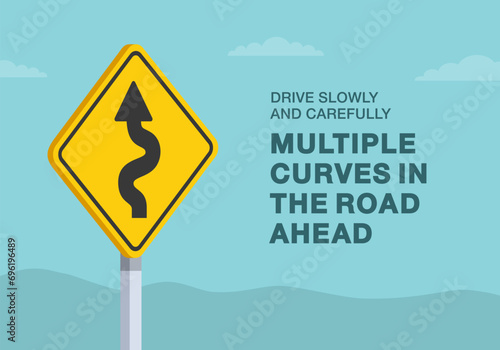 Safe driving tips and traffic regulation rules. Close-up of United States winding road sign. Drive slowly and carefully, multiple curves in the road ahead. Flat vector illustration template.