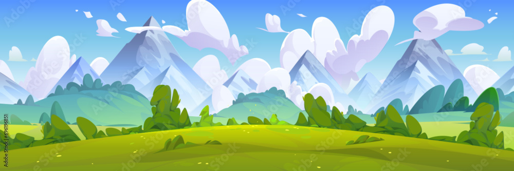 Fototapeta premium Summer natural landscape with green grass, bushes and trees on meadow in foot of high mountains. Cartoon vector panoramic scenery with grassland near hills, blue sky with clouds. Countryside scene.