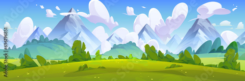 Summer natural landscape with green grass  bushes and trees on meadow in foot of high mountains. Cartoon vector panoramic scenery with grassland near hills  blue sky with clouds. Countryside scene.