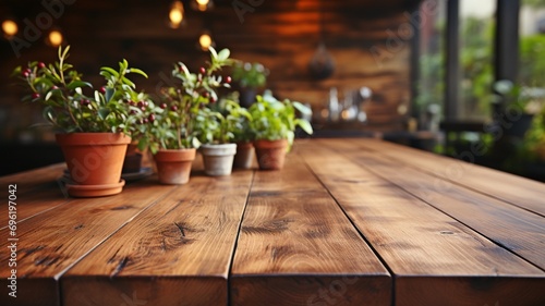 Wooden table with a background of a blurry kitchen bench. Wooden table empty and background of the kitchen indistinct...