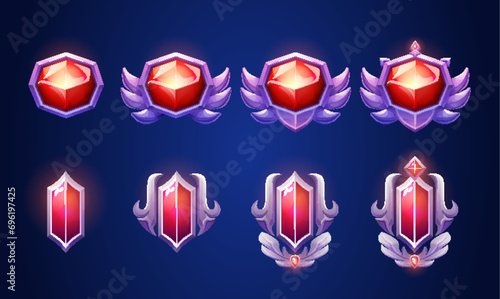 Silver metallic jewelry and treasure emblem or badge with red diamond for game ui level rank design. Cartoon vector evolution stages of medieval medallion with gem of various complexity for rpg award.