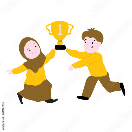 Boy and girl with trophy