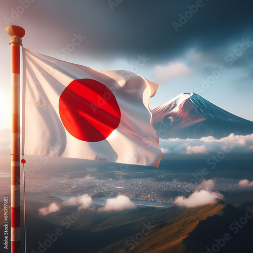Japanese flag with Mount Fuji, mount Fuji san with red nippon circle, Fuji panorama.