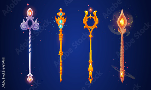 Fantasy scepter with magic glowing neon decorative gem stones and smoke. Cartoon vector illustration set of game wizard and magician fantastic weapon with powerful crystal. Sorcerer enchantment stuff.