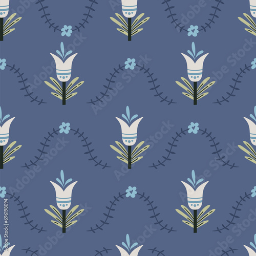 Folk hygge seamless pattern - florals, leaves, flowers, branches in scandinavian nordic style, ethnic botanical repeating motives on background for wrapping, textile, digital or scrapbook paper