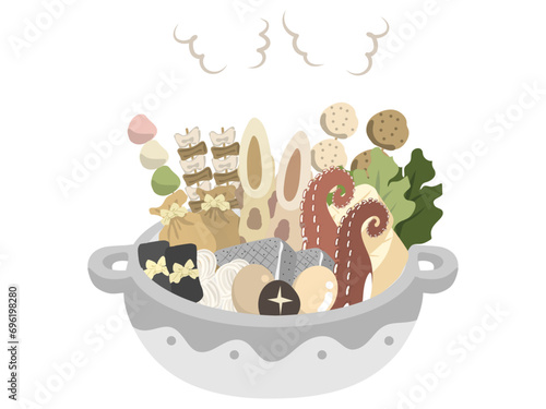 おでん　熱々に炊きあがった具だくさんのおでんのイラスト　土鍋料理