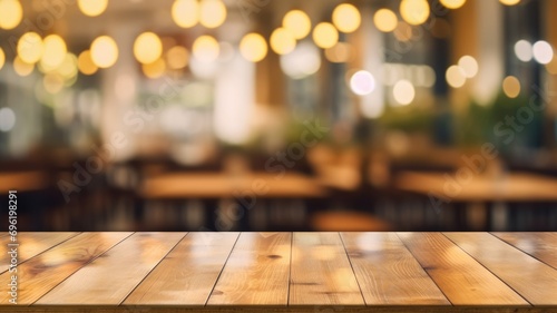 The empty wooden table top with blur background of restaurant. Exuberant image. generative AI #696198291