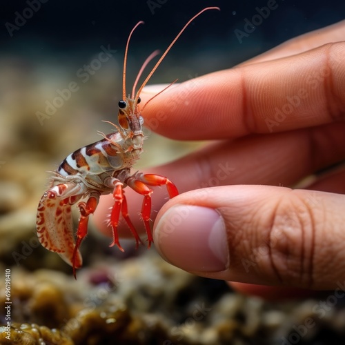 A person holding a shrimp on their hand. Generative AI.
