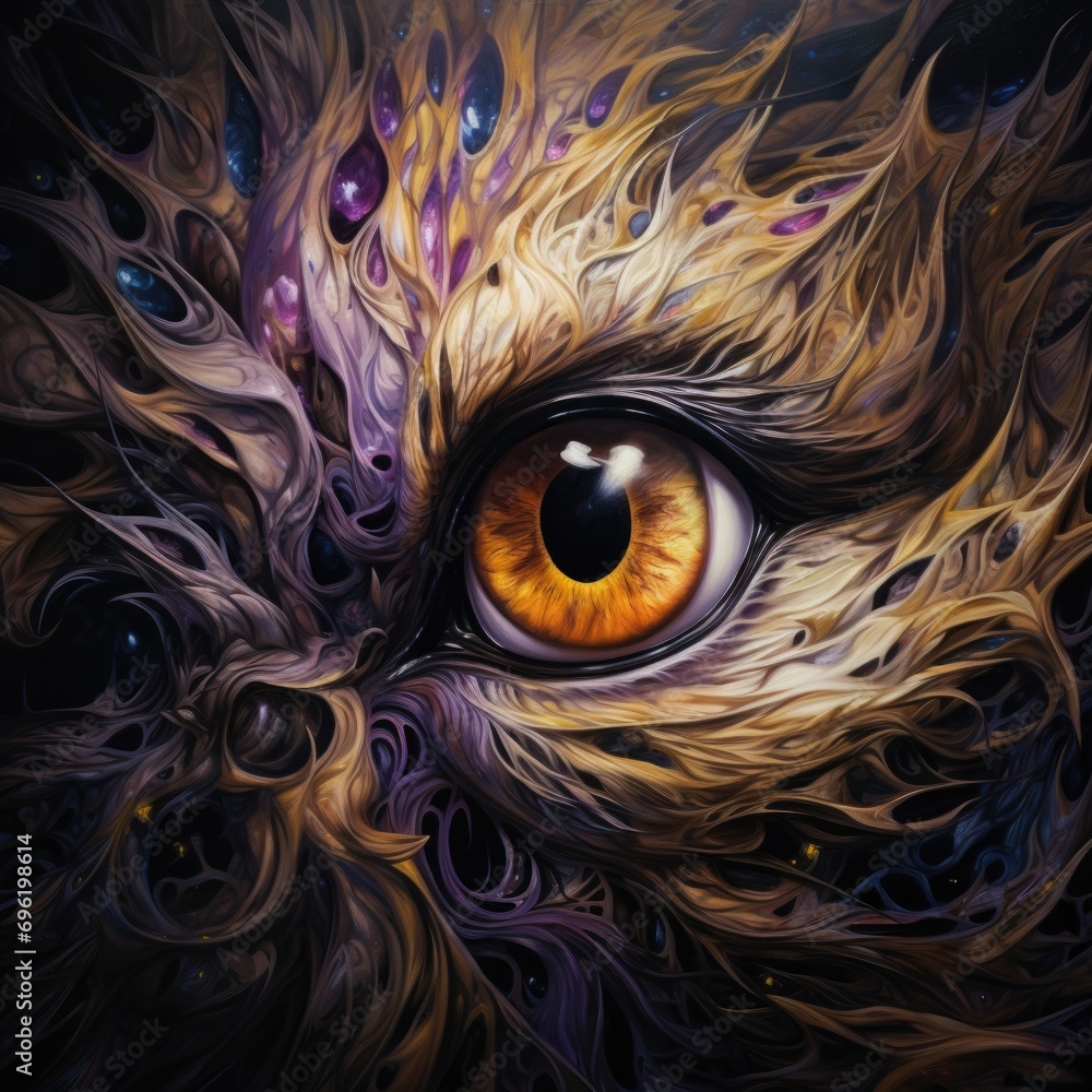 A painting of a cat's eye with a purple and yellow eye. Generative AI.