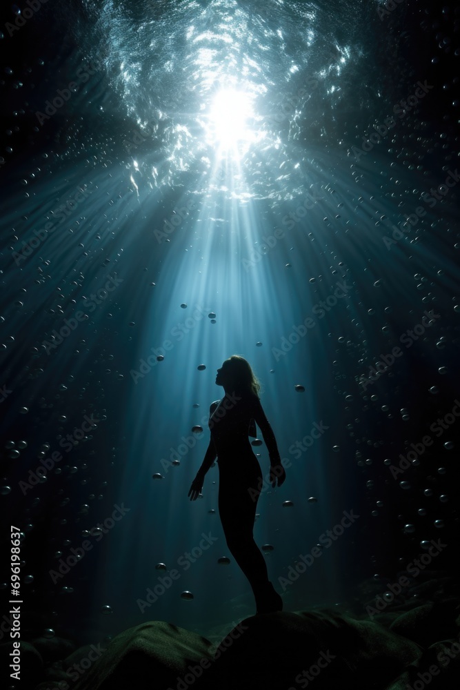Fototapeta premium A woman standing in the water with a sun shining. Generative AI.