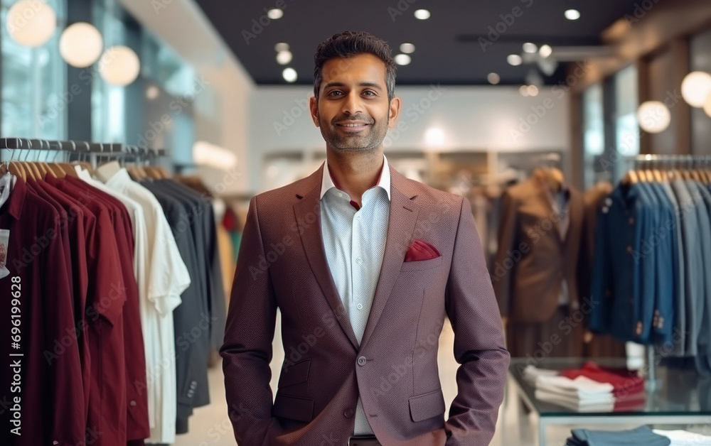 young indian businessman standing at clothing store