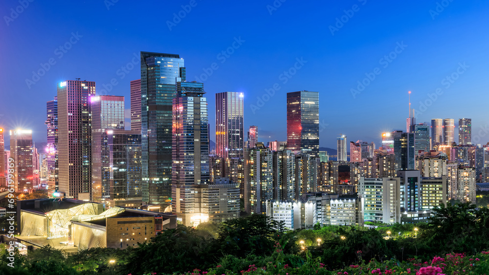 Shenzhen skyline and modern commercial buildings scenery at night, China.