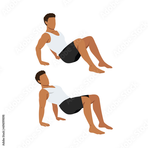 Man doing floor tricep dips exercise. Flat vector illustration isolated on white background