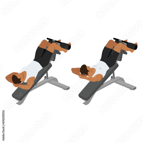 Man doing decline crunch on a bench exercise. Flat vector illustration isolated on white background