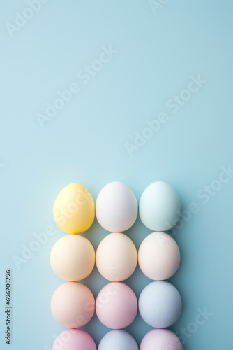 Easter eggs in soft pastels on blue. Concept of tranquil Easter celebration.