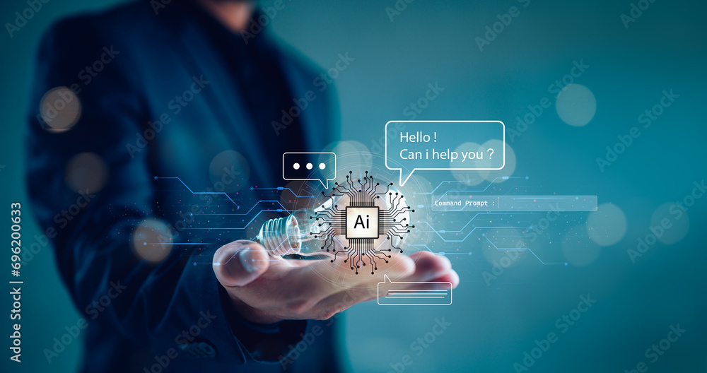 AI technology, AI chatbots communicate and answer questions with business people, artificial intelligence solves problems and assists human decision-making for users to achieve intelligent results. - obrazy, fototapety, plakaty 