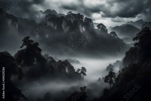 fog and mountain in  black and white color with small hut in the mountain with  with deep and dense lights and smoge and fog  photo