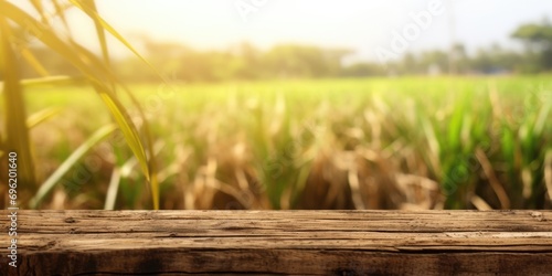 The empty wooden brown table top with blur background of sugarcane plantation. Exuberant image. generative AI photo