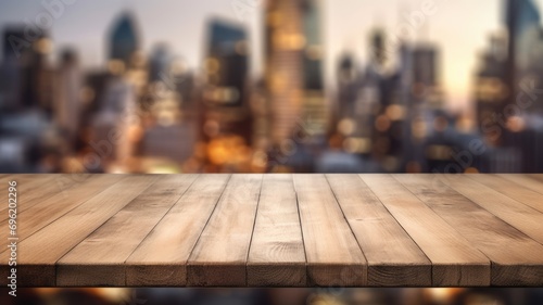 The empty wooden table top with blur background of business district and office building in autumn. Exuberant image. generative ai