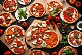 pizza slice  placed on the table with different color drinks placed on the dinner table abstract background eating things background  