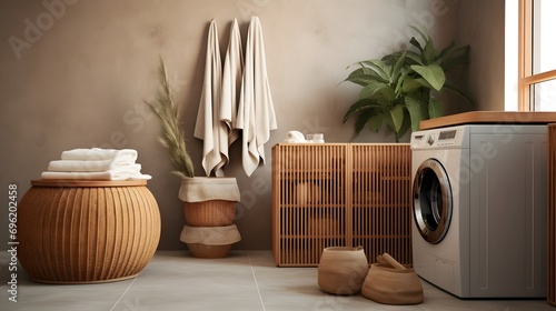 Stylish interior of modern restroom with wicker laundry basket © Ziyan