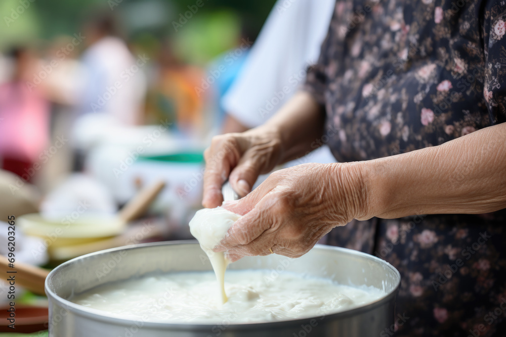 Elderly vendor serves cream at local farmers market. Concept of traditional dairy craft.