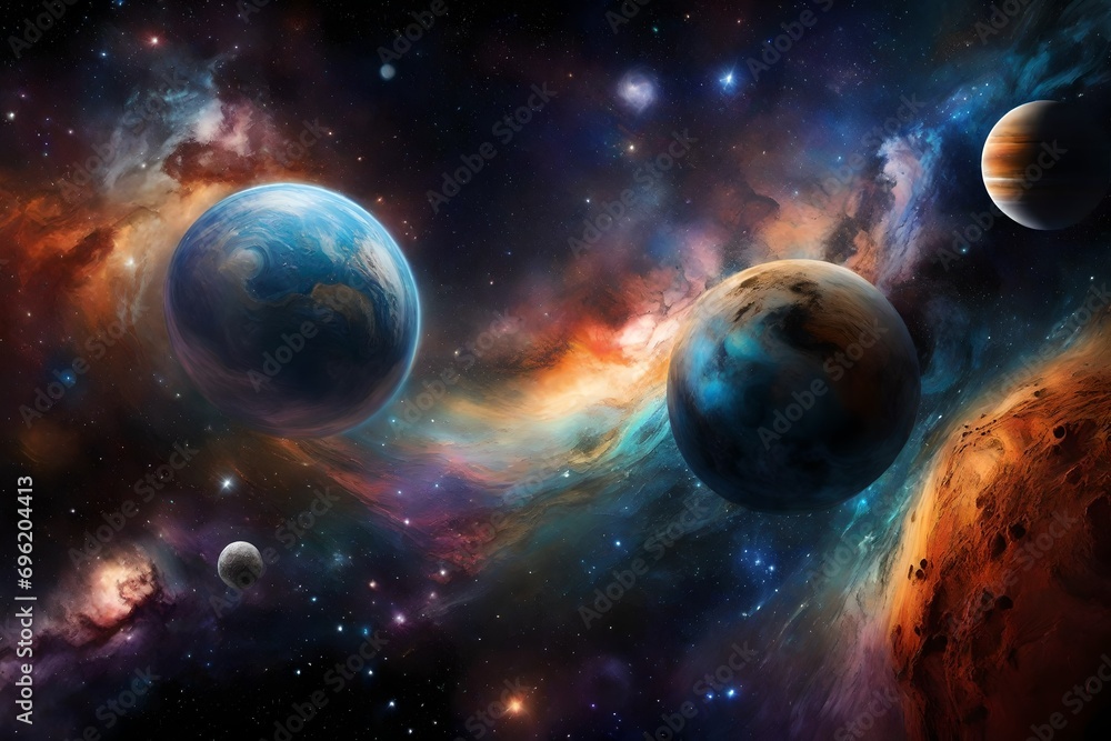 space black and colorful holes in the space with different planets in the space abstract background  