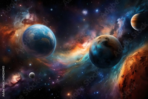 space black and colorful holes in the space with different planets in the space abstract background 