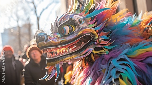Colorful Chinese New Year Street Parade featuring Majestic Dragon Dance and Festive Atmosphere