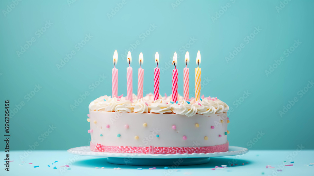 Birthday cake with 6 (six) candles on pastel blue background with copy space Birthday cake with 6 (six) candles on pastel blue background with copy space